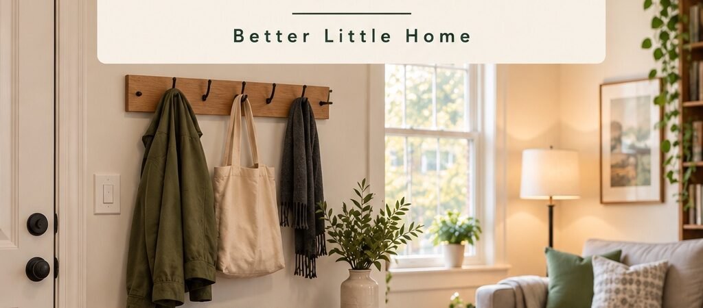 Pinterest graphic with a warm, organized small-home entryway and the text “17 Small-Home Organization Ideas.”