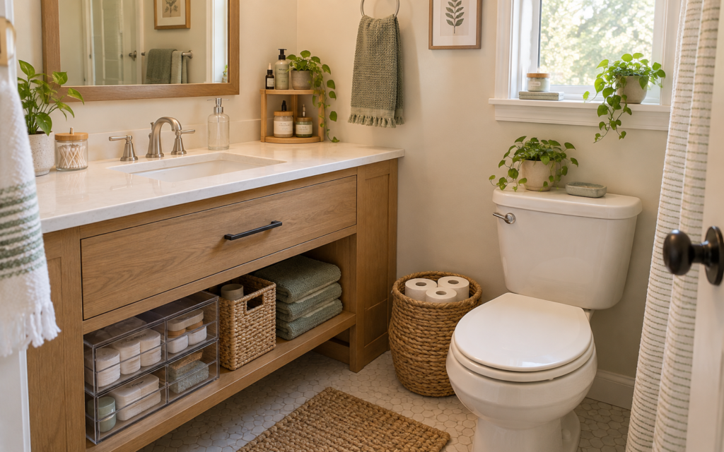 Warm compact bathroom with clear stackable drawers, bamboo containers, and woven storage baskets.