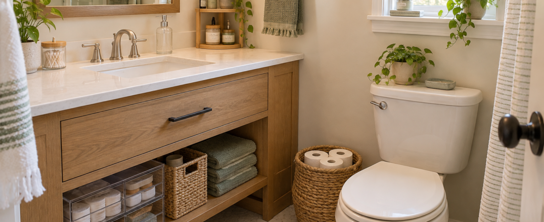 Warm compact bathroom with clear stackable drawers, bamboo containers, and woven storage baskets.