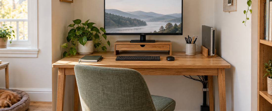 Warm compact home office with a monitor riser, vertically stored laptop, tidy cables, and a clear oak desk.