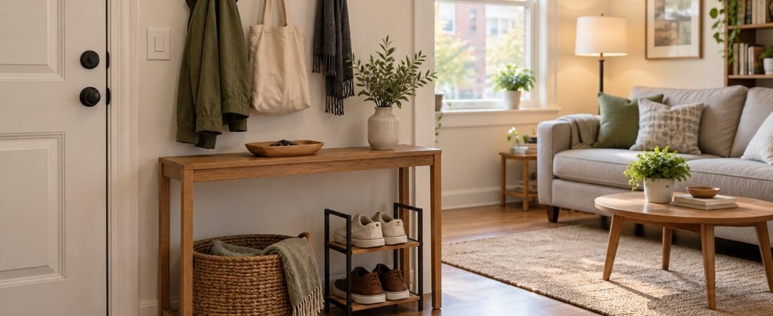 Small apartment entryway with wall hooks, a narrow wood console, woven basket, and shoe rack.