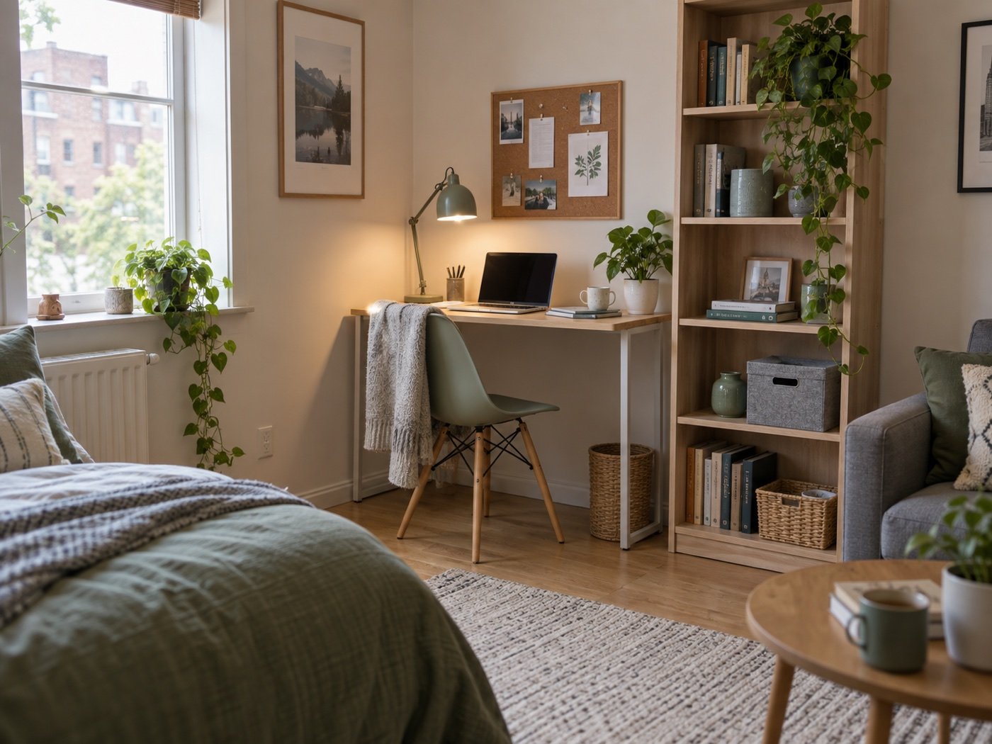 Compact home office fitted into a shared bedroom and living space with practical shelving