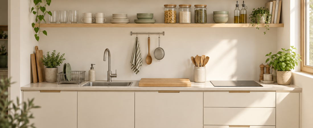 AI-generated small kitchen with oak shelves, organized pantry jars, and cream cabinets