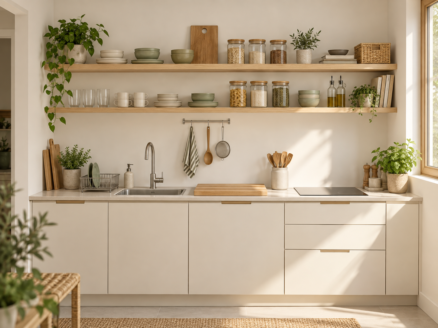 AI-generated small kitchen with oak shelves, organized pantry jars, and cream cabinets