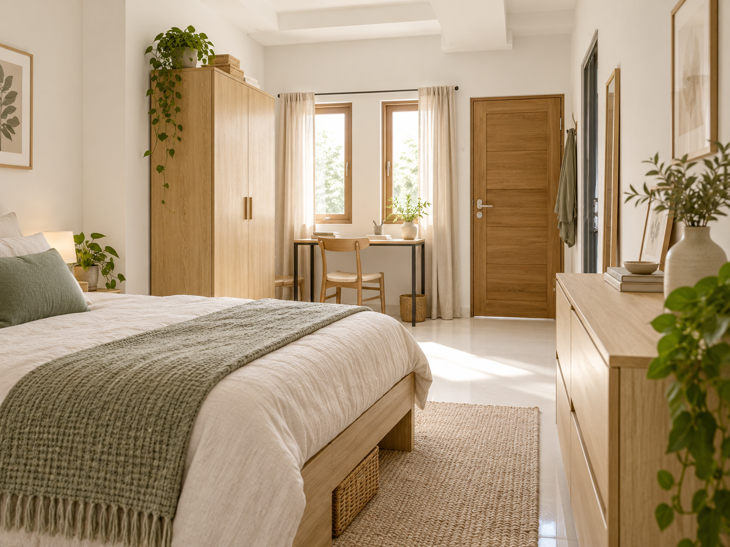 AI-generated compact bedroom with oak furniture, a window-side desk, and under-bed basket storage