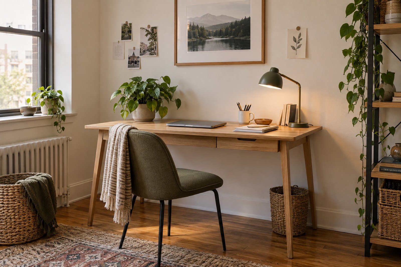 Warm small home office with a light wood desk, olive chair, plants, and natural window light