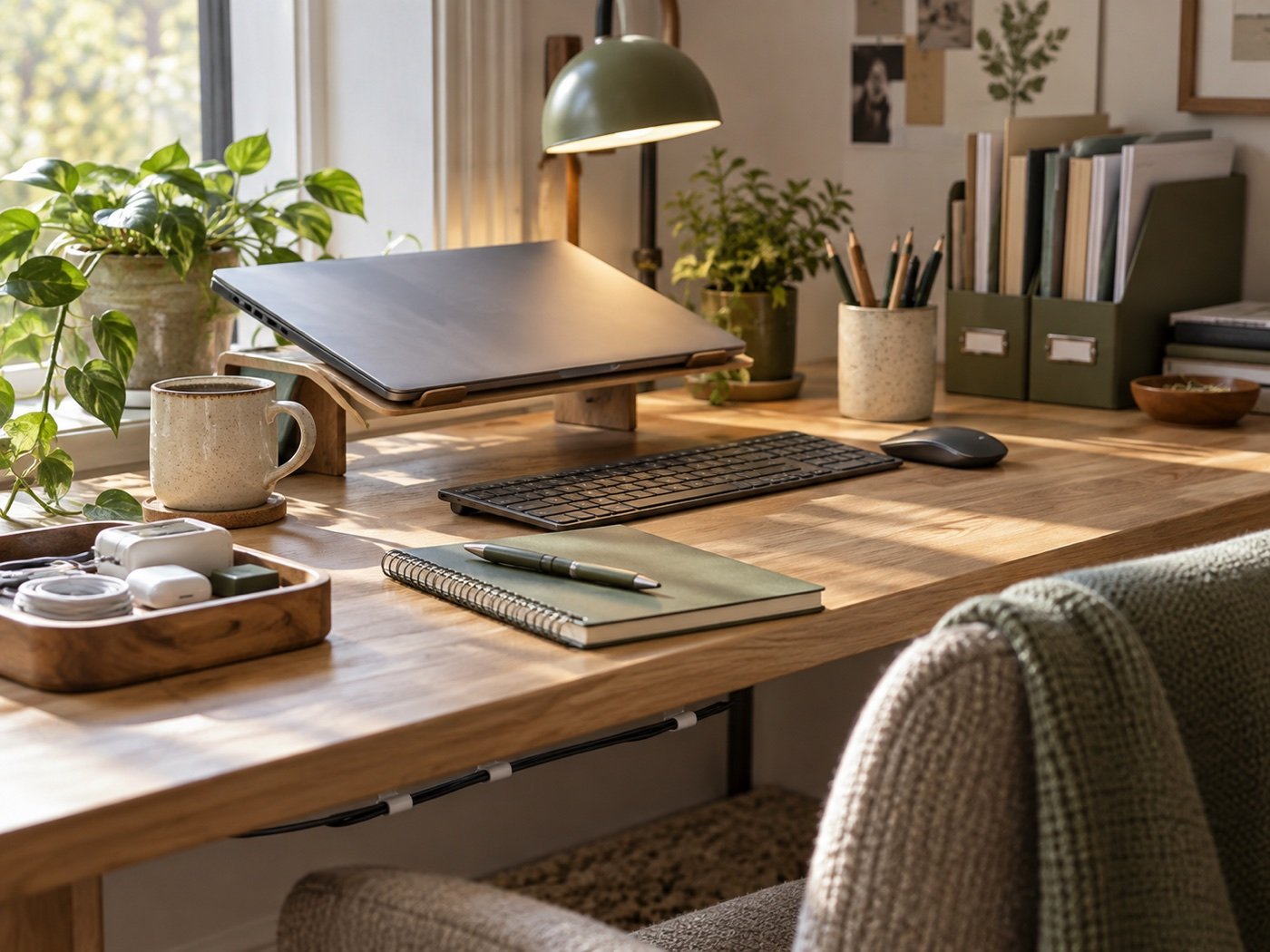 Organized home office desk with laptop stand, cable tray, notebooks, and everyday supplies