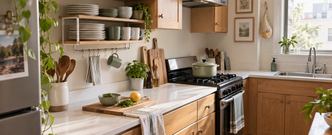 Small kitchen with shelf risers, upright cutting boards, and a clear prep counter