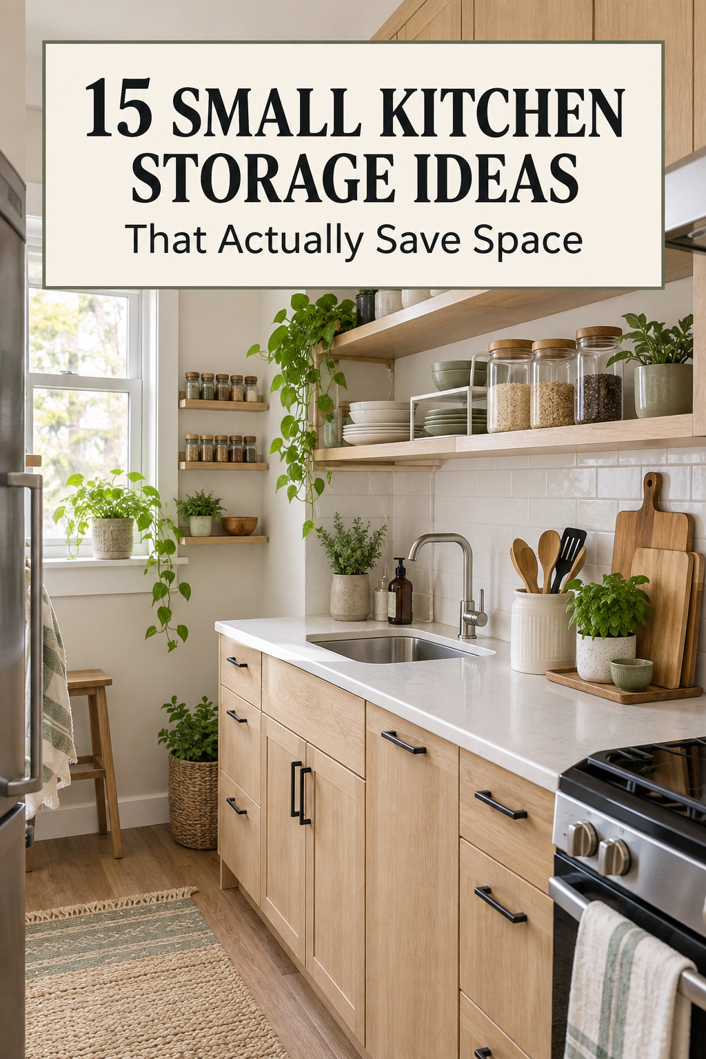 Pinterest graphic: 15 Small Kitchen Storage Ideas That Actually Save Space