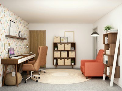Small multipurpose room with a home office and storage shelves